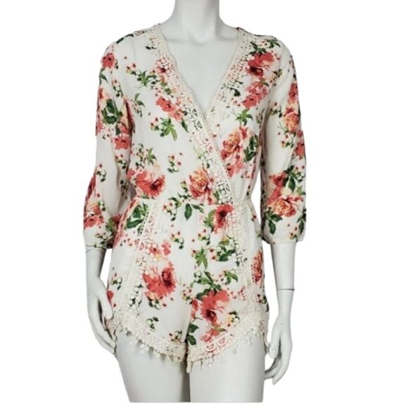 Women's Romper Floral Print 3/4 Sleeve Beige by Love Tree Bohemian - Picture 1 of 6